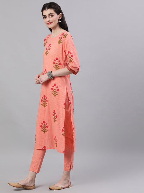Women Peach Three-Quarter Sleeves Straight Kurta Palazzo With Dupatta