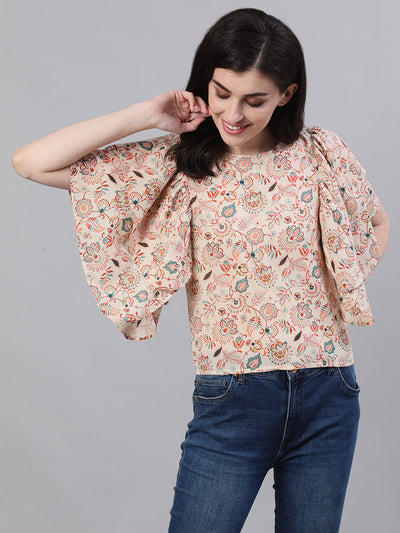 Women Cream Short Sleeves Ruffles Top