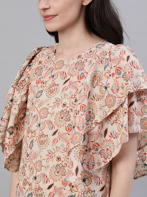 Women Cream Short Sleeves Ruffles Top