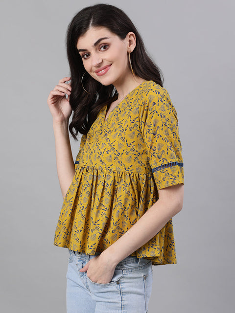 Women Yellow Three-Quarter Sleeves Gathered or Pleated Top
