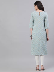 Women Grey Calf Length Three-Quarter Sleeves Straight Geometric Yoke Design Cotton Kurta