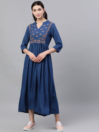Women Blue Solid Embroidered Mandarin Collar Viscose Rayon Fit and Flare Dress