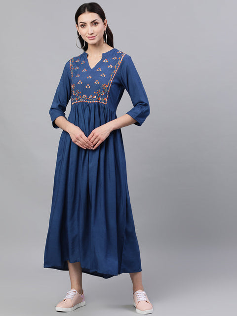 Women Blue Solid Embroidered Mandarin Collar Viscose Rayon Fit and Flare Dress