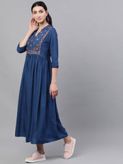 Women Blue Solid Embroidered Mandarin Collar Viscose Rayon Fit and Flare Dress