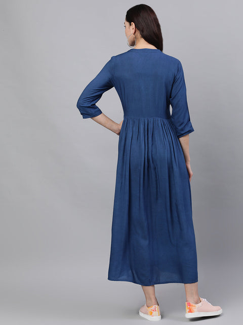 Women Blue Solid Embroidered Mandarin Collar Viscose Rayon Fit and Flare Dress