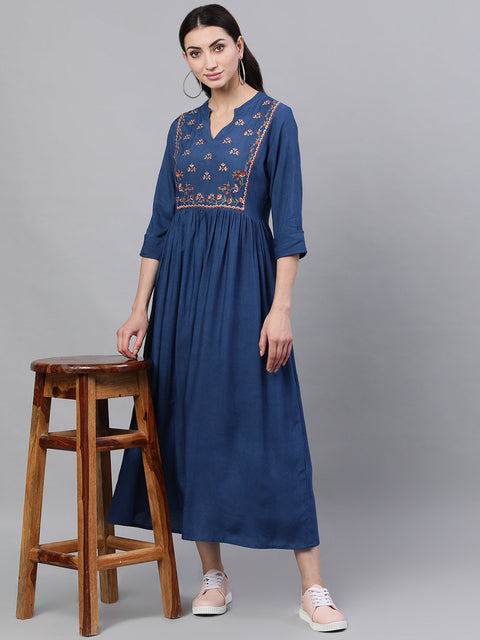 Women Blue Solid Embroidered Mandarin Collar Viscose Rayon Fit and Flare Dress