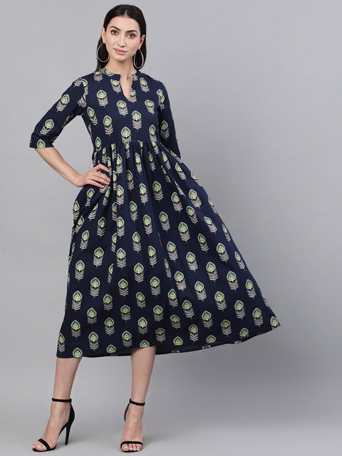 Women Navy Blue Ethnic Motifs Printed Mandarin Collar Cotton Maxi Dress