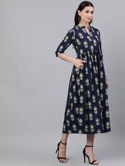 Women Navy Blue Ethnic Motifs Printed Mandarin Collar Cotton Maxi Dress