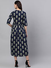 Women Navy Blue Ethnic Motifs Printed Mandarin Collar Cotton Maxi Dress