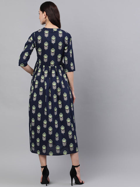 Women Navy Blue Ethnic Motifs Printed Mandarin Collar Cotton Maxi Dress