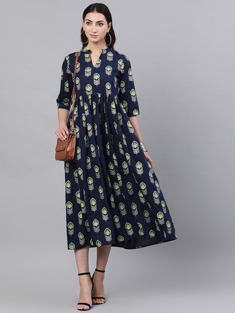 Women Navy Blue Ethnic Motifs Printed Mandarin Collar Cotton Maxi Dress