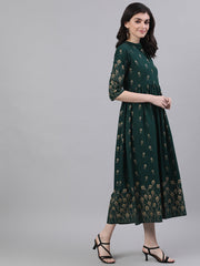 Women Green Ethnic Motifs Printed Mandarin Collar Cotton Maxi Dress