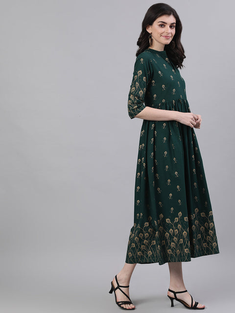 Women Green Ethnic Motifs Printed Mandarin Collar Cotton Maxi Dress