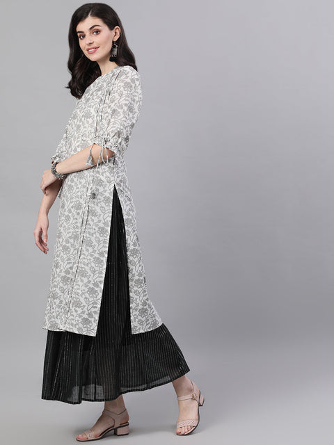 Women White Calf Length Three-Quarter Sleeves Straight Floral Printed Cotton Kurta