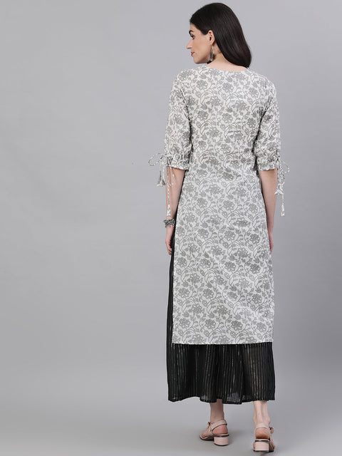 Women White Calf Length Three-Quarter Sleeves Straight Floral Printed Cotton Kurta