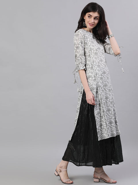 Women White Calf Length Three-Quarter Sleeves Straight Floral Printed Cotton Kurta