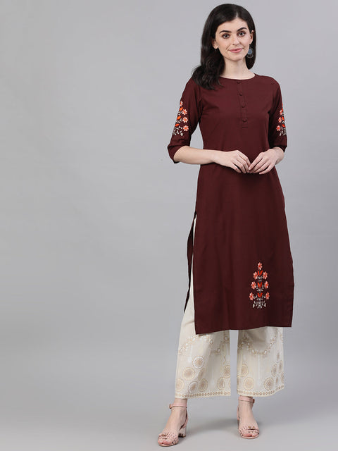 Women Chocolate Brown Calf Length Three-Quarter Sleeves Straight Solid Embroidered Silk Kurta