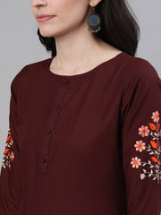 Women Chocolate Brown Calf Length Three-Quarter Sleeves Straight Solid Embroidered Silk Kurta