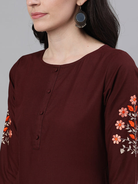 Women Chocolate Brown Calf Length Three-Quarter Sleeves Straight Solid Embroidered Silk Kurta