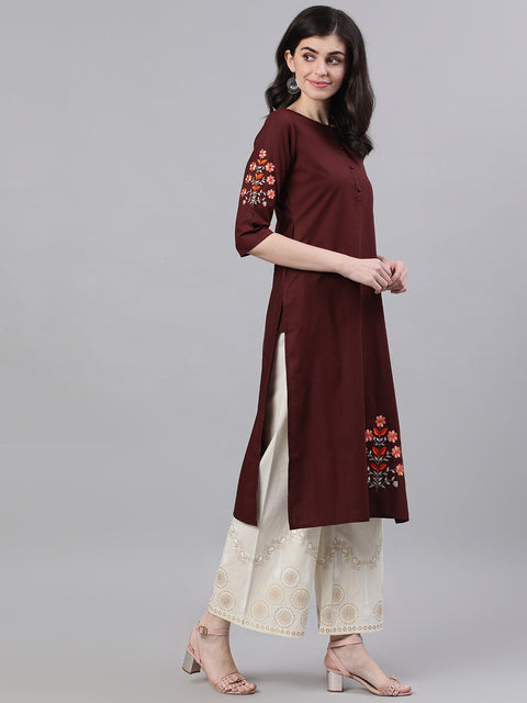 Women Chocolate Brown Calf Length Three-Quarter Sleeves Straight Solid Embroidered Silk Kurta