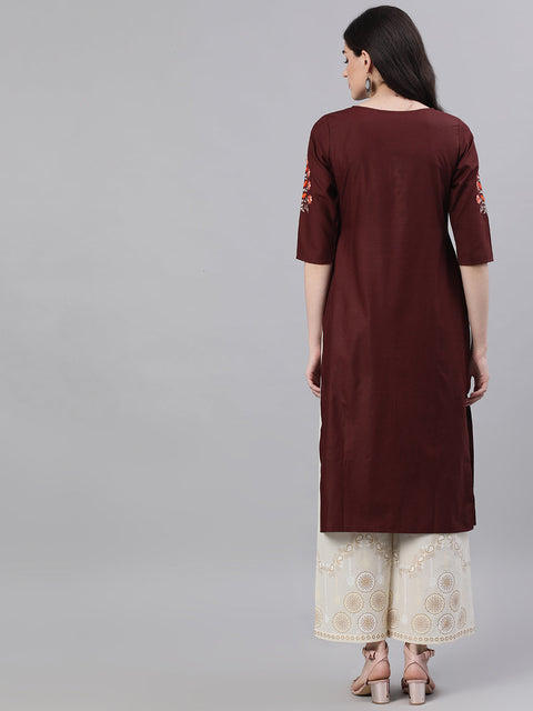 Women Chocolate Brown Calf Length Three-Quarter Sleeves Straight Solid Embroidered Silk Kurta