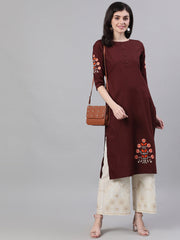 Women Chocolate Brown Calf Length Three-Quarter Sleeves Straight Solid Embroidered Silk Kurta