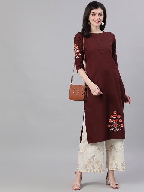Women Chocolate Brown Calf Length Three-Quarter Sleeves Straight Solid Embroidered Silk Kurta