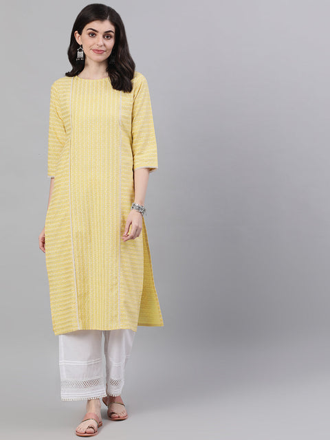 Women Lime Yellow Calf Length Three-Quarter Sleeves Straight Striped Striped Cotton Kurta
