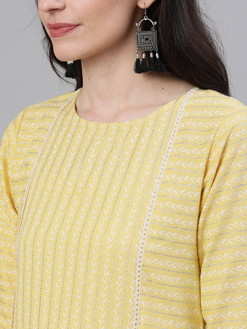 Women Lime Yellow Calf Length Three-Quarter Sleeves Straight Striped Striped Cotton Kurta