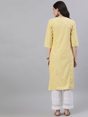 Women Lime Yellow Calf Length Three-Quarter Sleeves Straight Striped Striped Cotton Kurta
