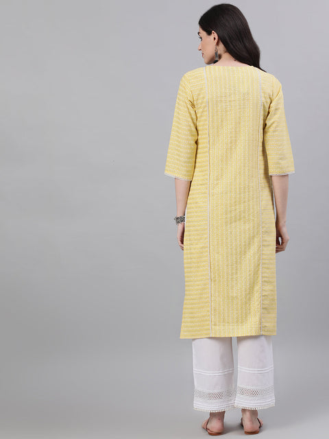 Women Lime Yellow Calf Length Three-Quarter Sleeves Straight Striped Striped Cotton Kurta