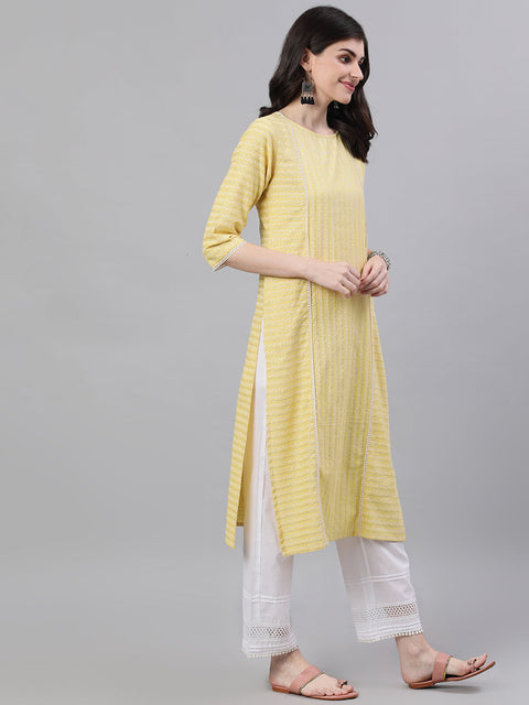 Women Lime Yellow Calf Length Three-Quarter Sleeves Straight Striped Striped Cotton Kurta