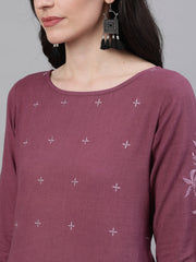 Women Purple Calf Length Three-Quarter Sleeves Straight Solid Solid Cotton Kurta