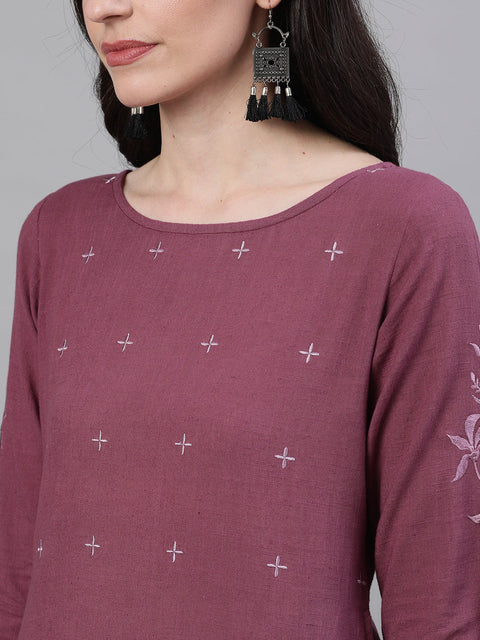 Women Purple Calf Length Three-Quarter Sleeves Straight Solid Solid Cotton Kurta