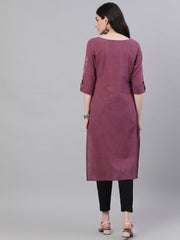 Women Purple Calf Length Three-Quarter Sleeves Straight Solid Solid Cotton Kurta