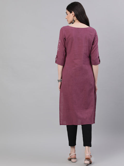 Women Purple Calf Length Three-Quarter Sleeves Straight Solid Solid Cotton Kurta