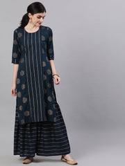 Women Navy Blue Three-Quarter Sleeves Straight Kurta and Palazzo Set