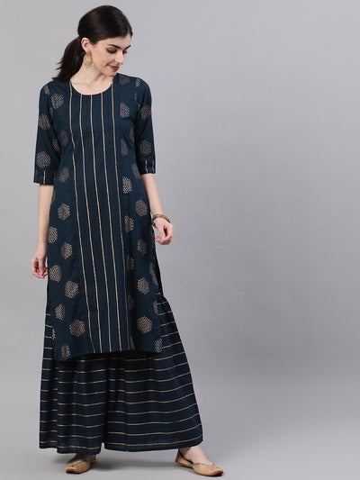 Women Navy Blue Three-Quarter Sleeves Straight Kurta and Palazzo Set