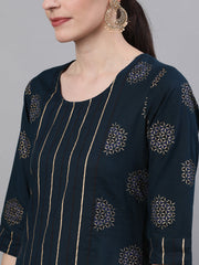 Women Navy Blue Three-Quarter Sleeves Straight Kurta and Palazzo Set