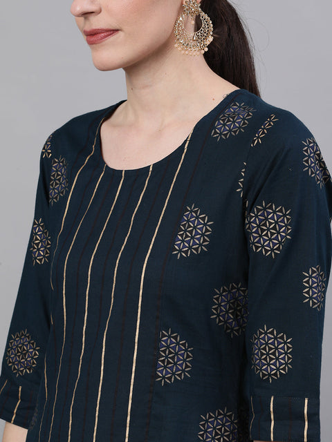 Women Navy Blue Three-Quarter Sleeves Straight Kurta and Palazzo Set