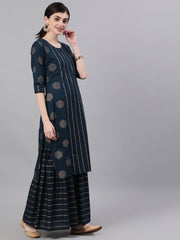 Women Navy Blue Three-Quarter Sleeves Straight Kurta and Palazzo Set