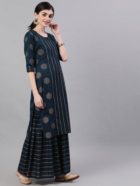 Women Navy Blue Three-Quarter Sleeves Straight Kurta and Palazzo Set