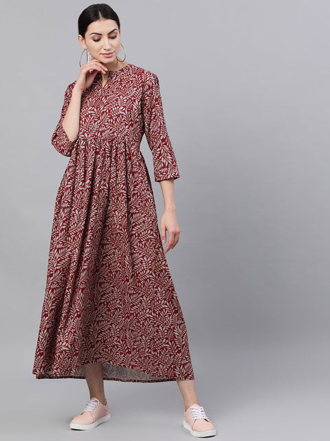 Women Maroon Floral Printed Mandarin Collar Cotton Maxi Dress