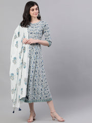 Women White Ethnic Motifs Printed V-Neck Cotton Maxi Dress With Dupatta