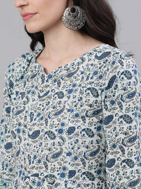 Women White Ethnic Motifs Printed V-Neck Cotton Maxi Dress With Dupatta