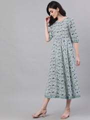 Women White Ethnic Motifs Printed V-Neck Cotton Maxi Dress With Dupatta