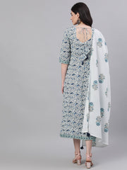 Women White Ethnic Motifs Printed V-Neck Cotton Maxi Dress With Dupatta
