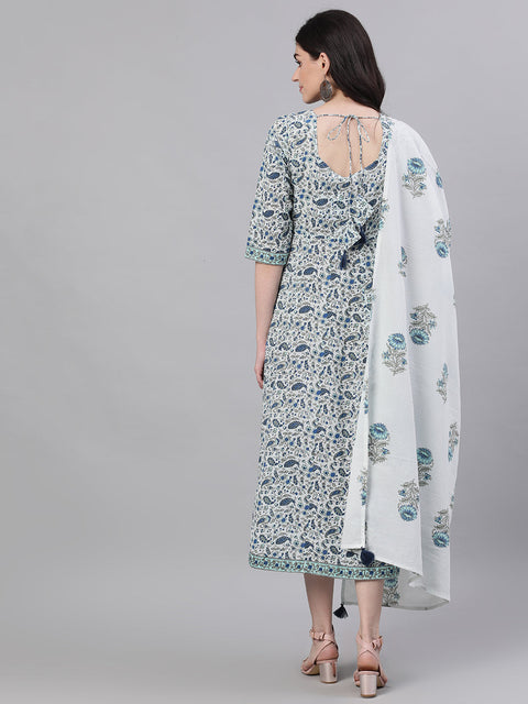 Women White Ethnic Motifs Printed V-Neck Cotton Maxi Dress With Dupatta