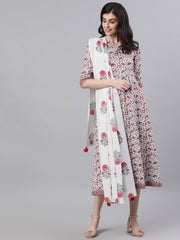 Women White Ethnic Motifs Printed V-Neck Cotton Maxi Dress With Dupatta