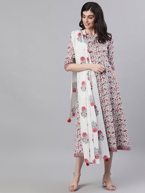 Women White Ethnic Motifs Printed V-Neck Cotton Maxi Dress With Dupatta